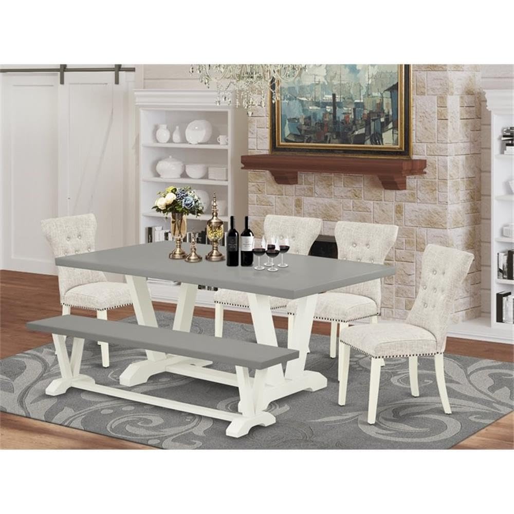 East West Furniture V-Style 6 Piece Set Contains A Rectangle Dining Room Table With V-Legs And 4 Doeskin Linen Fabric Parson Chairs With A Bench, 40X72 Inch, V097Ga235-6